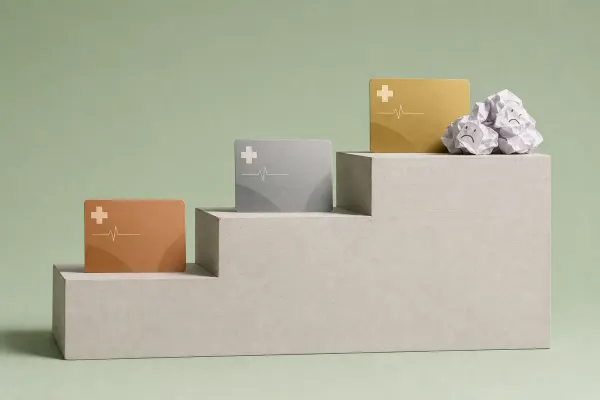 Escada de três degraus de concreto com uma carteirinha de plano de saúde em cada degrau; no mais alto, ao lado da carteirinha dourada, bolinhas de papel amassado com carinhas tristes.
